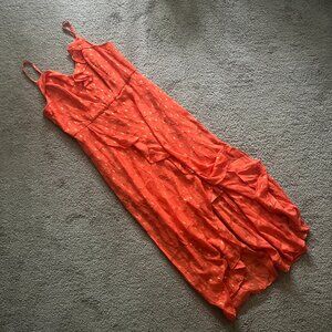 Ruffle Trim Lace Chiffon Midi High-Low Dress